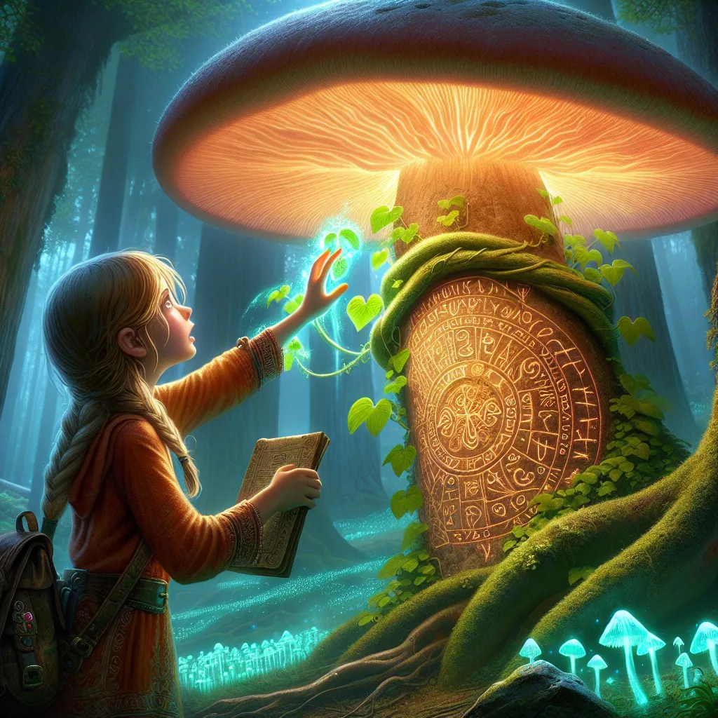 A young girl named Maren discovers a towering, glowing mushroom surrounded by luminescent fungi in the mystical Eldertide Forest. As she reaches out to touch the mushroom, the forest comes to life, and a vine embraces her wrist, lifting her to the mushroom's cap. Carved runes on the surface reveal Maren to be the Child of Prophecy, chosen to restore balance to the realms. With her mother's pendant in hand, she accepts her destiny and prepares to embark on a grand adventure.