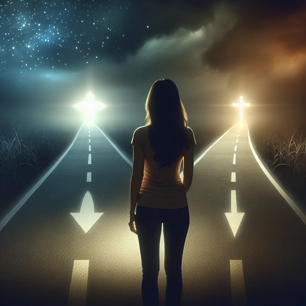 A woman standing at a crossroads, contemplating two different paths, one filled with light and the other shrouded in darkness.