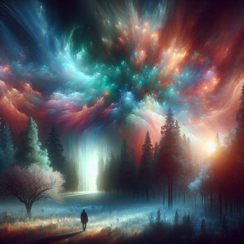 A surreal, dreamlike landscape merging vibrant colors with an ethereal atmosphere, featuring a lone figure standing at the edge of a mysterious, misty forest.