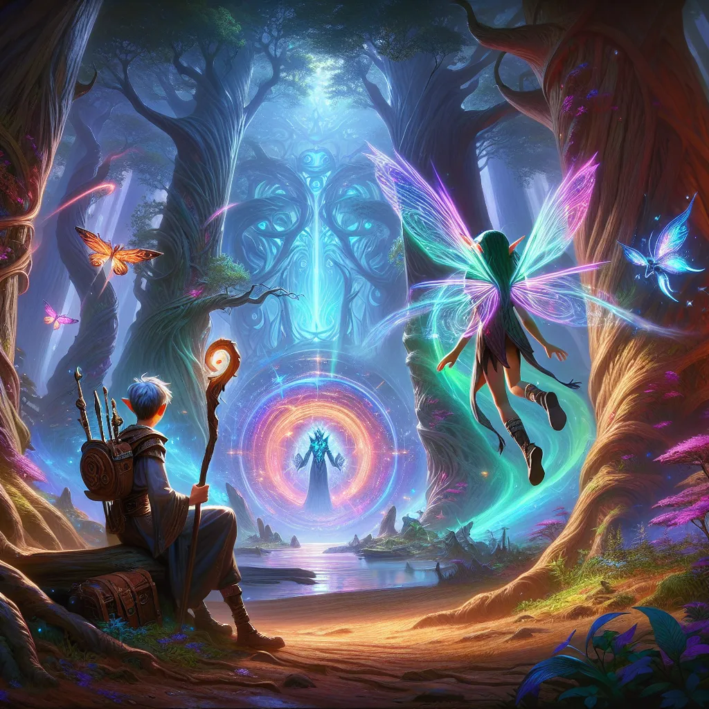 The image accompanying this story depicts a majestic, enchanted glade within the Skywood Forest. In the center stands a young mage named Kieran, holding a staff glowing with arcane energy. Beside him hovers Elowen, a mischievous sprite with iridescent wings. Surrounding them are the ancient trees of the forest, seemingly animated and whispering in response to Kieran's utterance of the word "bruh." In the background, a portal shimmers with vibrant colors, through which the imposing figure of the 