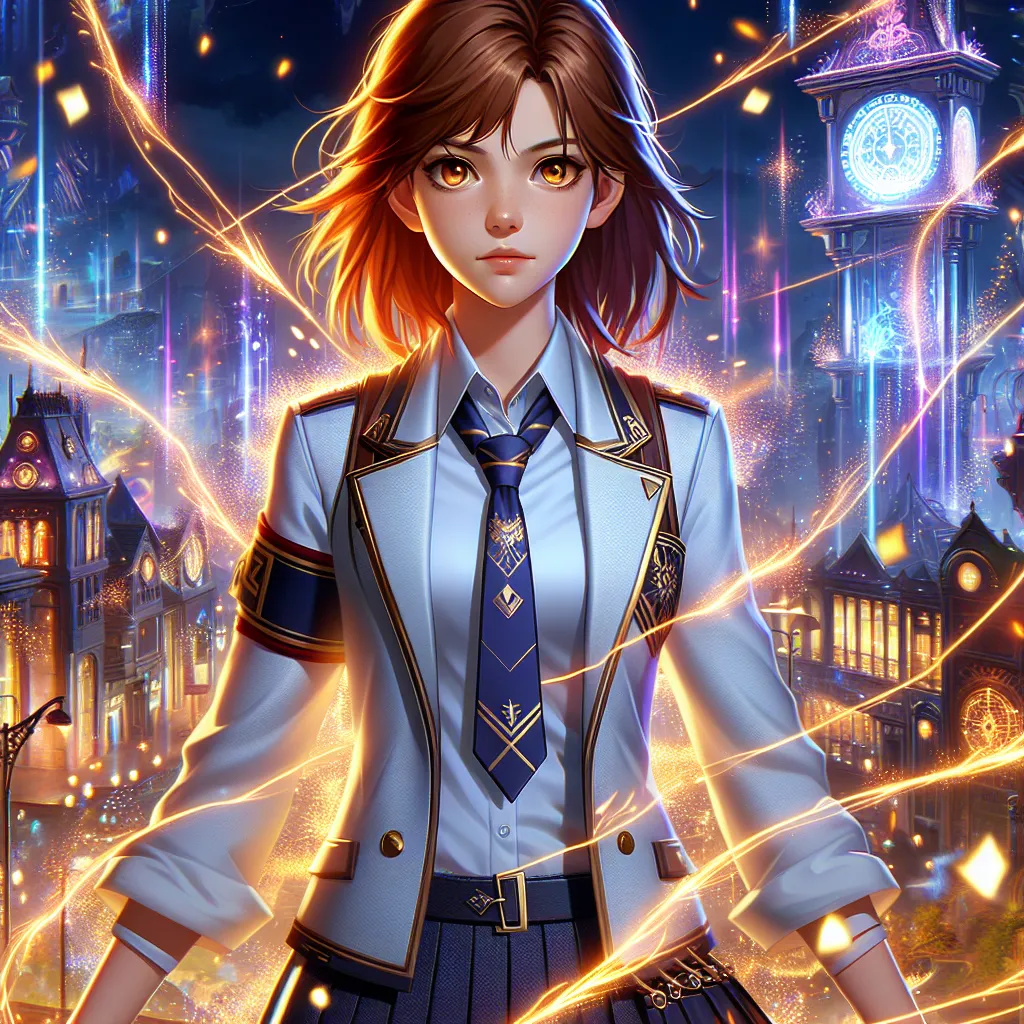 A teenage girl with chestnut hair and sharp amber eyes stands confidently in a Tokiwadai Middle School uniform, surrounded by crackling electric sparks, with a futuristic cityscape and a glowing clock tower of Academy City in the background—capturing the magical, sci-fi fusion of Ash Misaka’s unexpected transformation and new life.