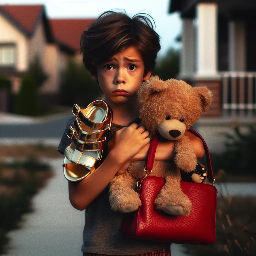 The image should depict a young boy named Michael holding a pair of gold platform sandals and a red leather purse. He should be depicted as anxious and nervous, clutching a stuffed animal. The image should convey a suburban neighborhood setting with a sense of twilight or approaching nighttime.