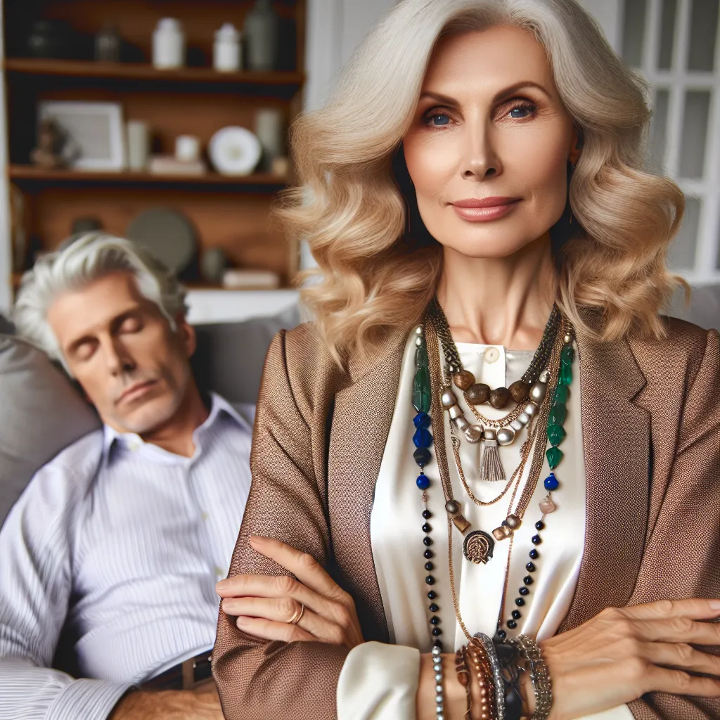 An image of Margaret, a confident and elegant woman in her 50s, dressed in stylish attire and wearing an assortment of jewelry, while standing beside her sleeping husband Robert in their cozy bedroom.