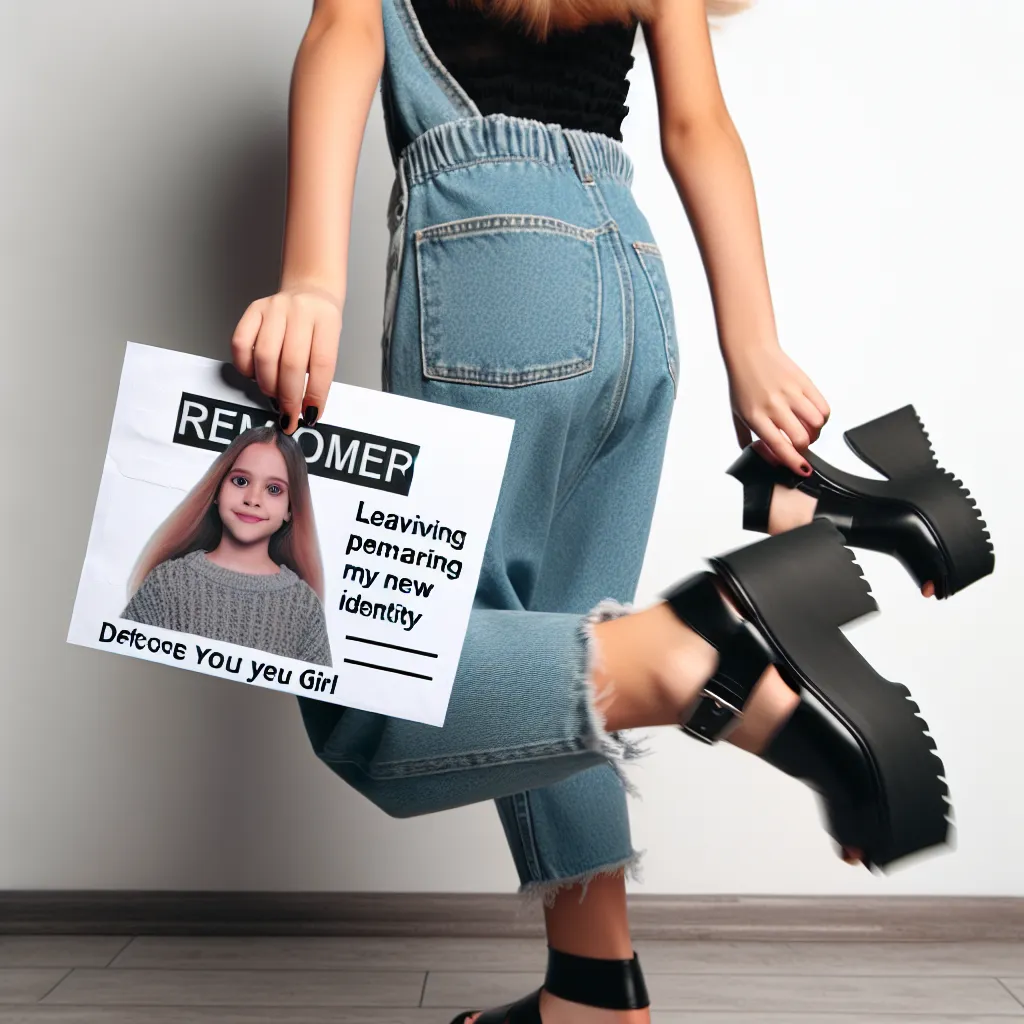 A young girl named Linda, wearing black platform sandals, confidently embraces her new identity, leaving behind her old life as Tommy and his memories.