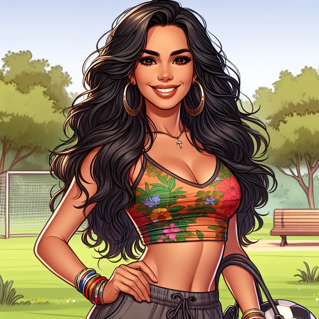 The image accompanying this story is an illustration of a middle-aged Mexican woman named Maria. She stands confidently, with a warm smile on her face. She has long, wavy black hair, dark brown eyes, and is wearing a colorful tank top with floral patterns matched with comfortable shorts. She is accessorized with hoop earrings, bangle bracelets, and a necklace with a small cross. In one hand, Maria holds a purse, and in the other, she carries a soccer ball. The background of the image depicts a s