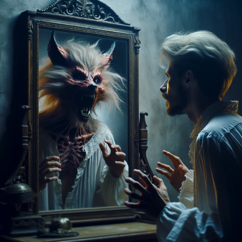 The generated image for this story will depict a person, transformed from male to female, standing in front of a mirror. The mirror will reflect their tormented expression as they react to their changing appearance and come to terms with their new reality. The image will focus on capturing the fear, confusion, and helplessness experienced by the protagonist as they realize they are trapped in a sinister game orchestrated by the nine-tailed fox demon, Kurama. The overall atmosphere of the image s