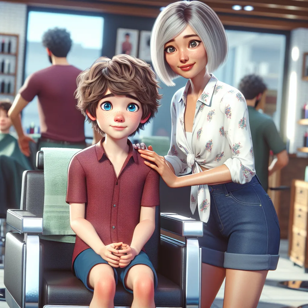 An image of a boy and a woman, Lucas and Eun-Ji, standing together in a hair salon. Lucas, a young boy with sandy brown curly hair and bright blue eyes, nervously sits in a barber chair while Eun-Ji, a Korean woman with a short bob cut and silver hair, warmly greets him. Both are dressed in casual attire, with Eun-Ji wearing a sheer white blouse with a floral pattern and dark blue shorts, and Lucas wearing a red shirt and blue shorts. The salon is bright and clean, with other customers in the ba