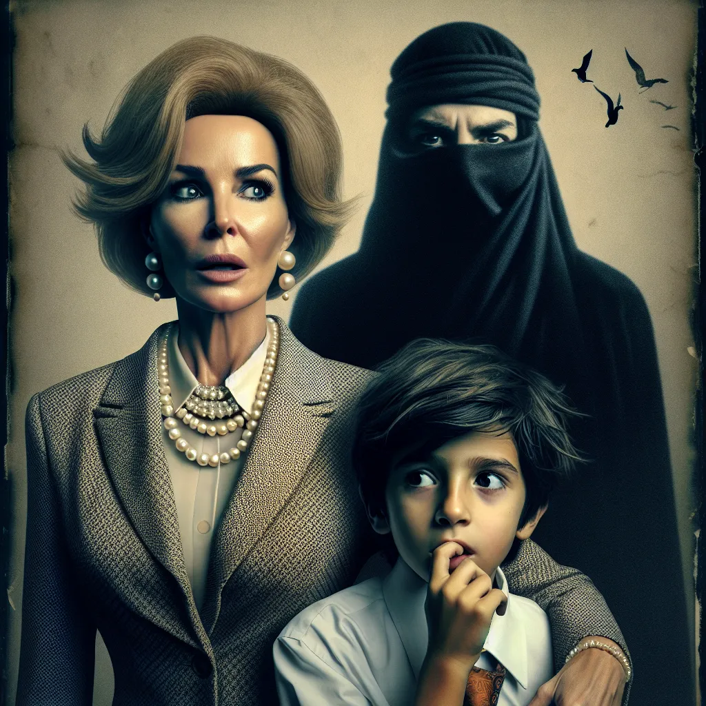 Description: "A mysterious image of a woman in a business suit and pearls, and a young boy with disheveled hair, standing back to back with expressions of confusion and curiosity. Shadows of a dark figure lurk behind them, hinting at the unseen watcher. The image captures the essence of 'The Untangled Threads,' a story of a mother and son trapped in each other's bodies, as they embark on a perilous journey to reverse the uncanny switch and unravel the secrets of a powerful ancient artifact."