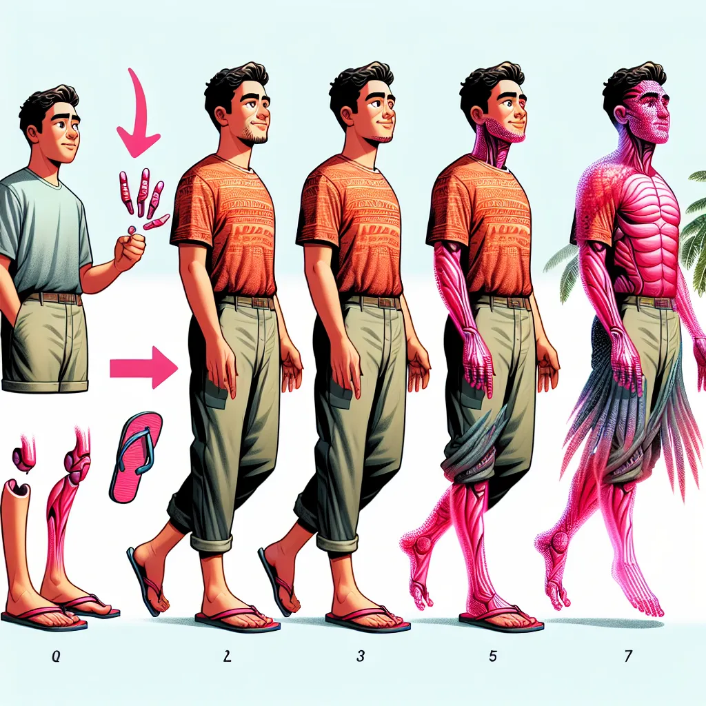 The image will depict Aiden Baker transforming into Yolanda Rios: starting with his feet stretching and changing shape in Yolanda's bright pink flip flops, continuing with his legs and torso reshaping, and finally his face and hair morphing into Yolanda's features. The focus should be on the detailed metamorphosis process, capturing each stage of the transformation.