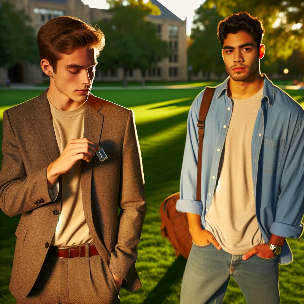 An image portraying two young men on a campus lawn, one fidgeting with a small glass vial in his pocket while observing the other from a distance. The contrasting personalities and appearance of the two are highlighted by the golden light of the sun.