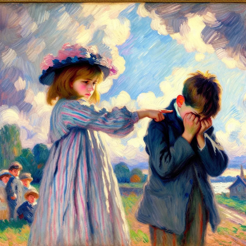 Sibling, Tension, Troublemaker, Embarrassment, Humiliation in the style of Monet