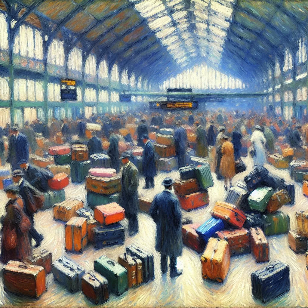 Great Shift, Body swap, Airport, Luggage, Identity in the style of Monet