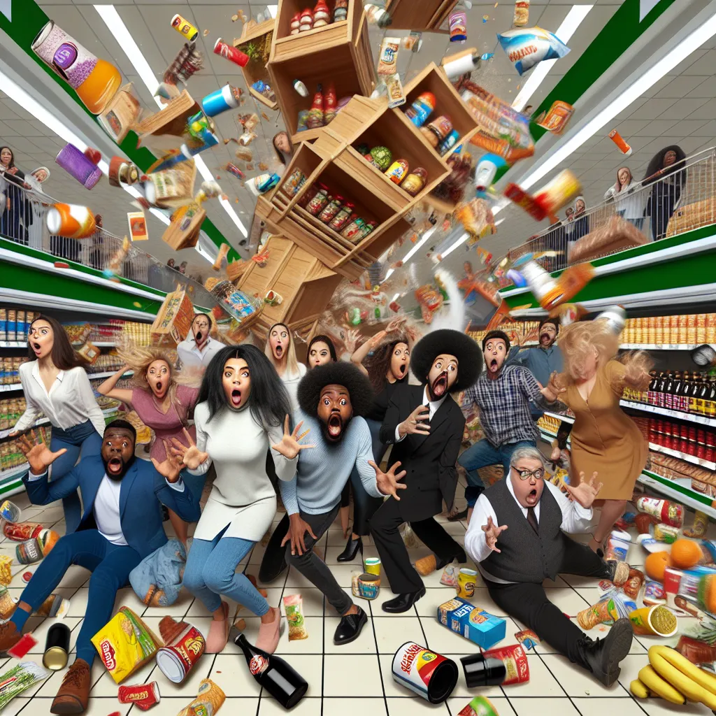 Title: "A Silly Scare: Comic Adventures at the Supermarket"
Description: A comical scene with people in a supermarket, displays knocked over, and shoppers wearing exaggerated surprised expressions.