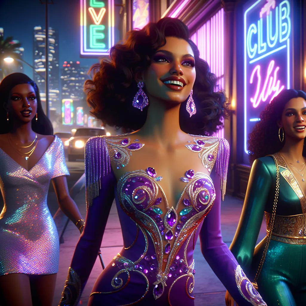 A story of transformation: A young boy named Oliver James, hosting a sleepover, mysteriously switches bodies with his friend Amara Kennedy. Unaware of the swap, Oliver awakens as Amara years later—a confident, stylish queen ready to conquer the night with her friends Simone and Vanessa outside Club Ivy. The image captures Amara in a royal purple outfit, adorned with sequins, amethyst gems, and gold accents, exuding confidence and charm.