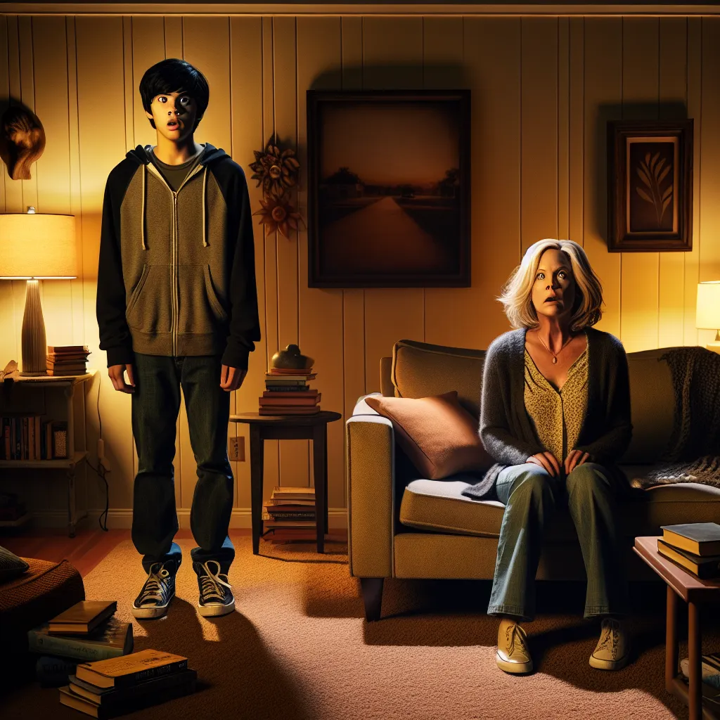 A tense moment in a suburban home: a teenager, Dylan, discovers his best friend, Jeremy, trapped in his mother's body, leading to a chilling revelation.