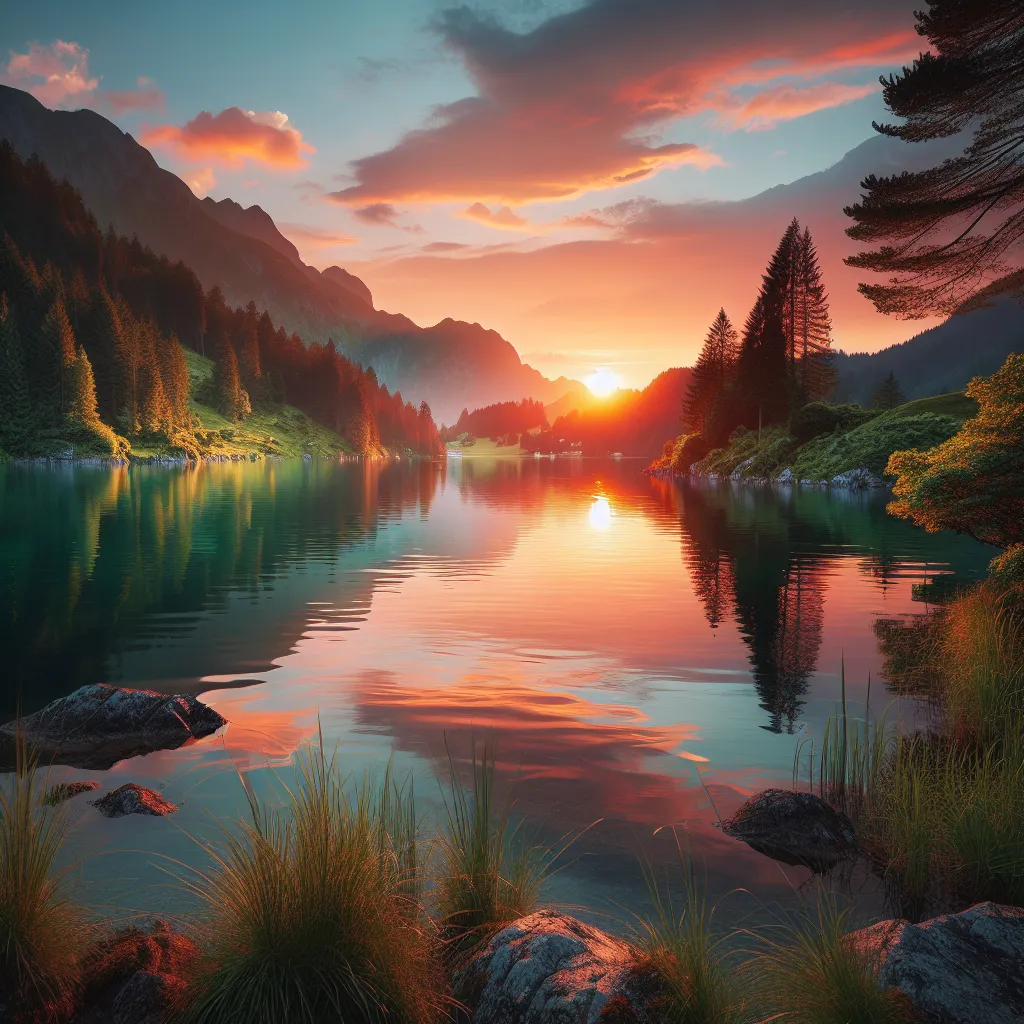 A beautiful sunset over a serene lake surrounded by lush green mountains and trees.