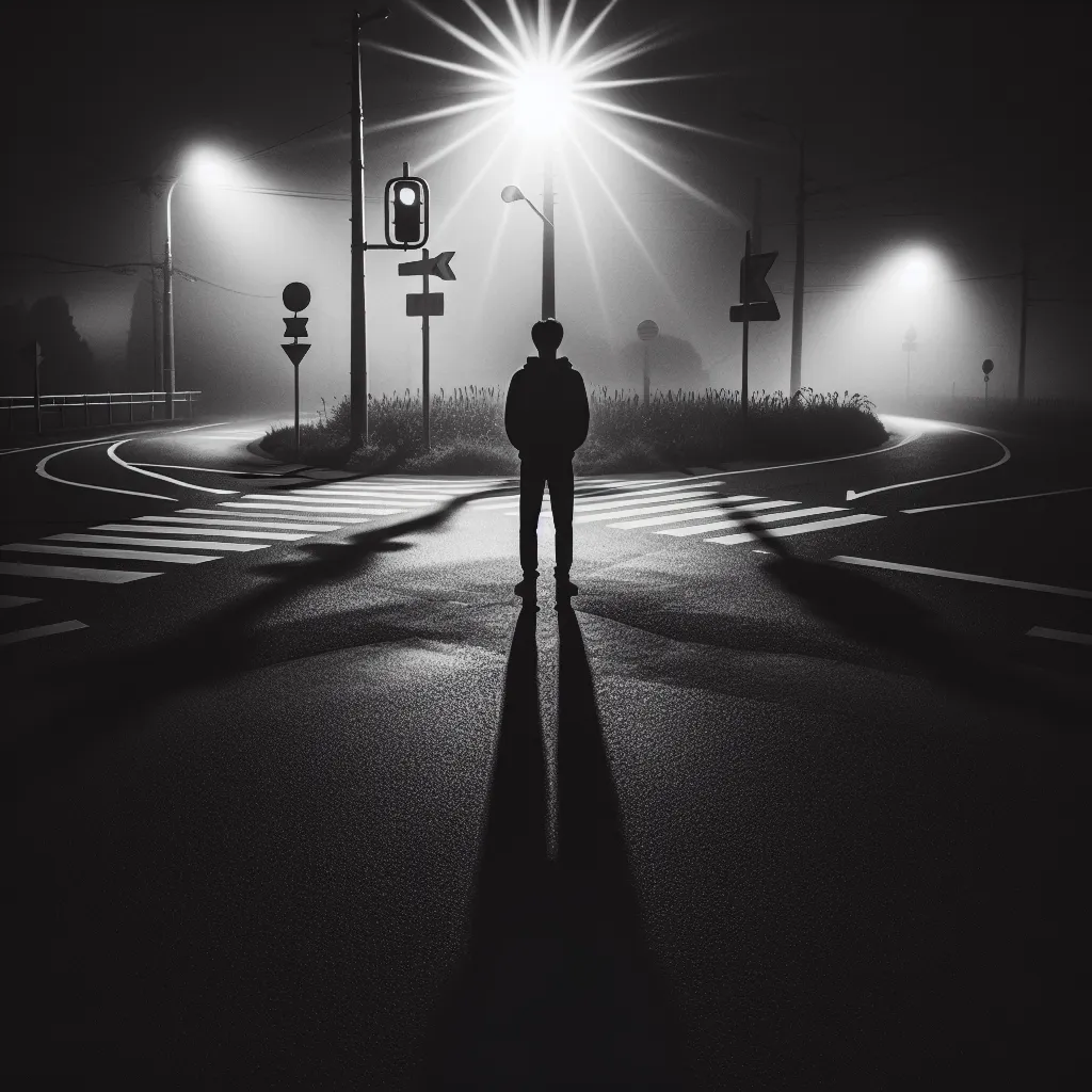 A silhouette of a person standing at a crossroads illuminated by a single street lamp, casting long shadows on the ground below.