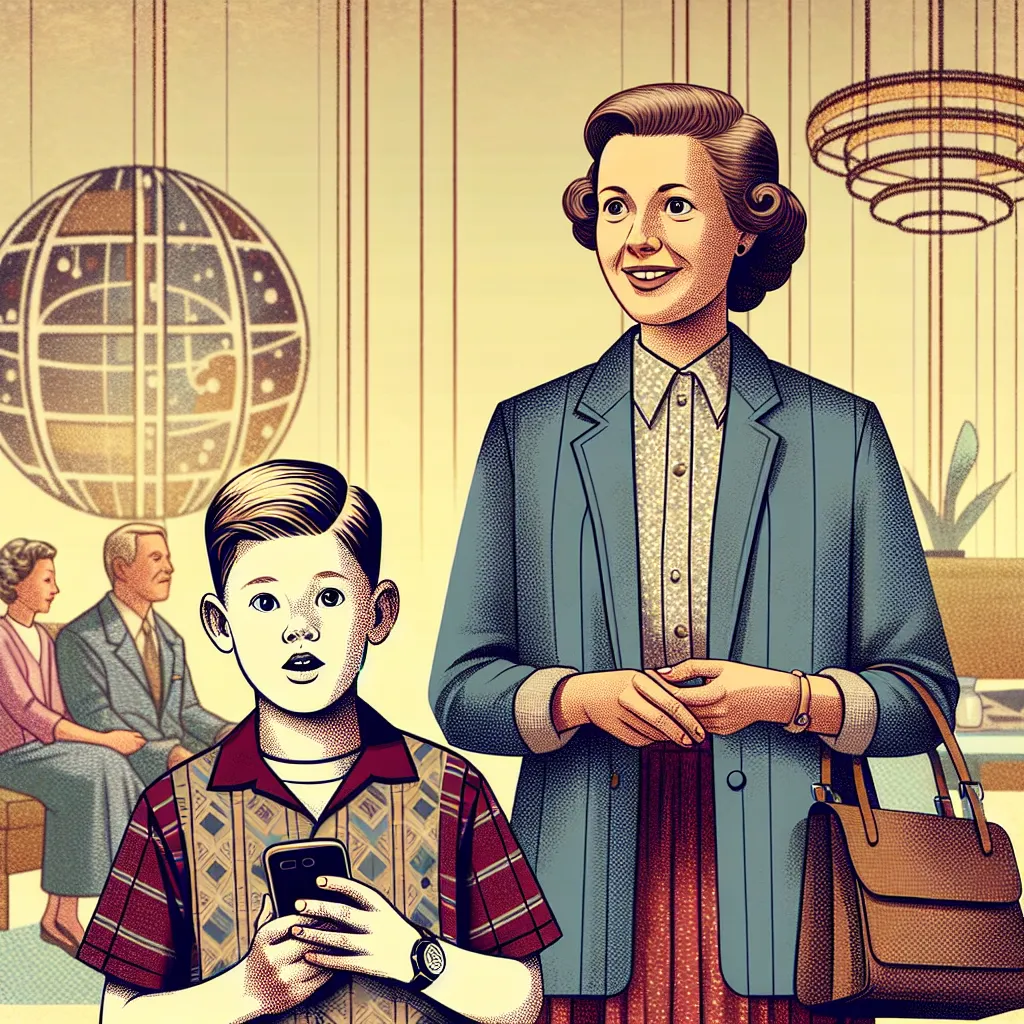 The image will feature a 12-year-old boy named Jeremy standing next to his great aunt, Martha. Jeremy is seen holding a phone in his hand, with a shocked expression on his face. Martha is wearing a short sleeve blazer and is holding a purse. The background can depict a living room with a cozy atmosphere.