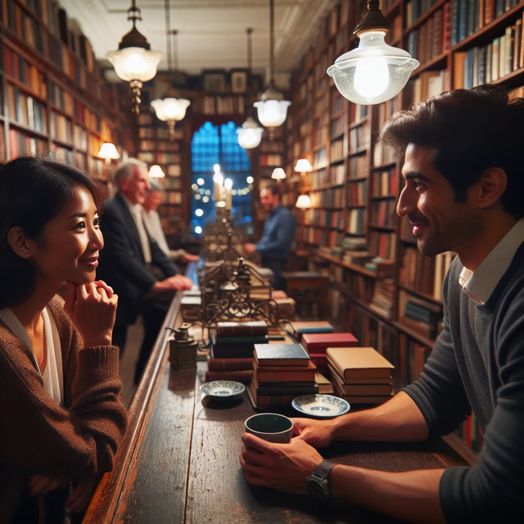 A female and male conversating in an old quaint bookstore | Write (with AI)