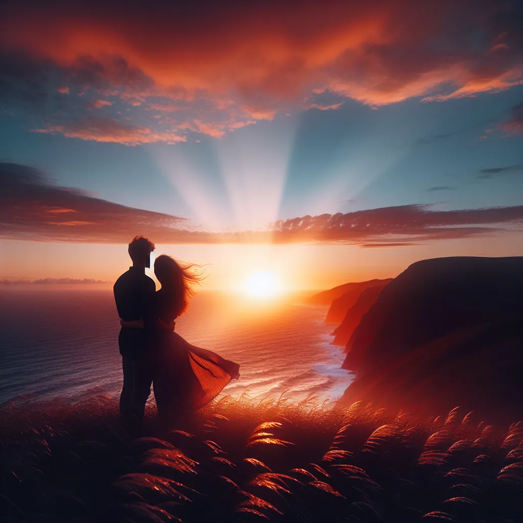 Title: Eternally Yours

Description: A couple stands on a windswept cliff overlooking a breathtaking sunset, locked in a passionate embrace. Their silhouettes are illuminated by the warm hues of the golden hour, epitomizing eternal love and romance.