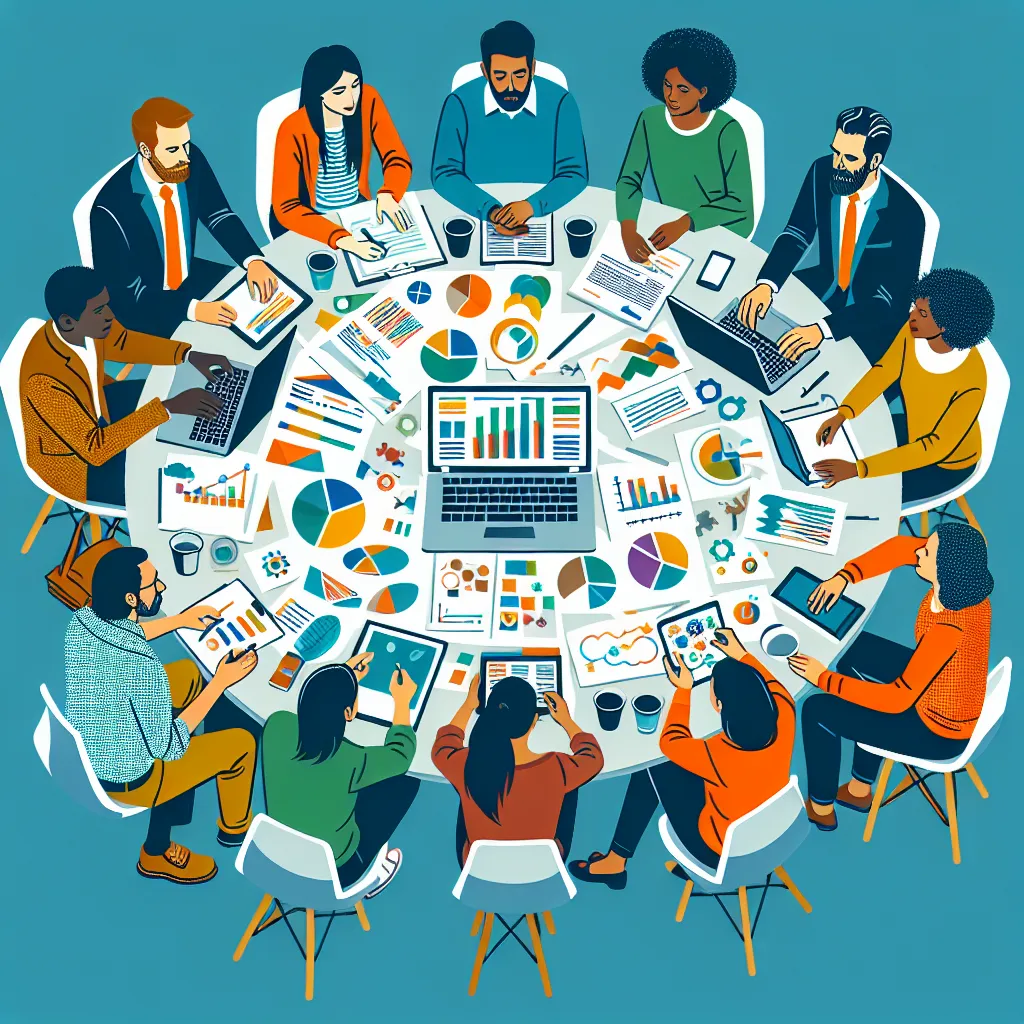 A group of diverse people sitting around a table, engaged in a lively discussion, with a laptop and papers spread out before them.