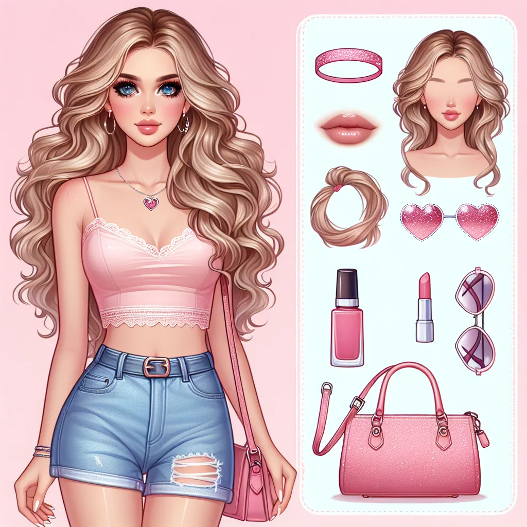 A young woman named Jessica Green, dressed in a pink crop top and denim shorts, poses confidently. She wears white sparkly flip flops, carries a small pink purse, and accessorizes with sunglasses, a hairband, lipstick, and a heart-shaped locket. Jessica's long wavy blonde hair and striking blue eyes complete her feminine look.