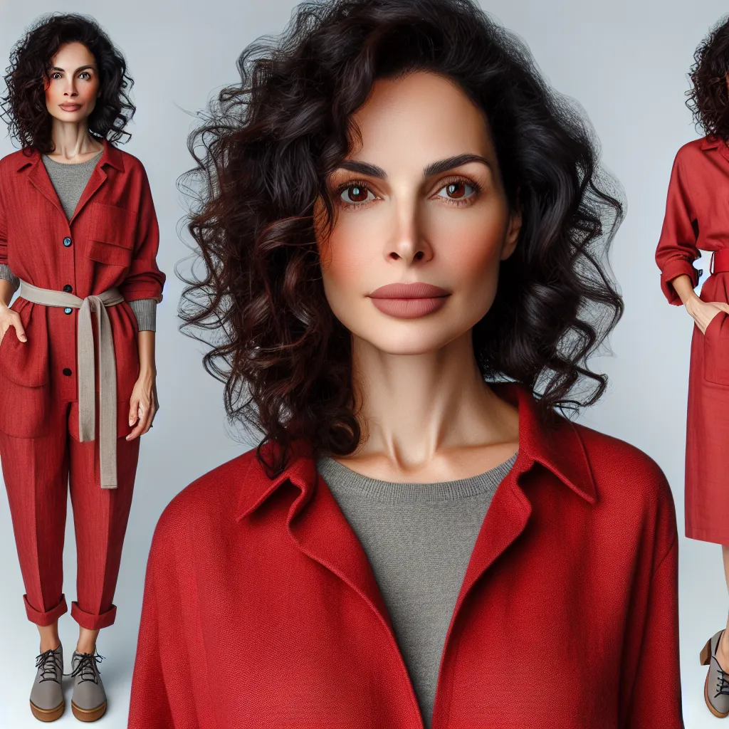 An image of a young woman in her mid-30s with curly dark hair, plump lips, and intense brown eyes. She is dressed in a figure-hugging red dress, wearing heels and accessories. She looks confident and determined, ready to embrace her new identity as a woman.