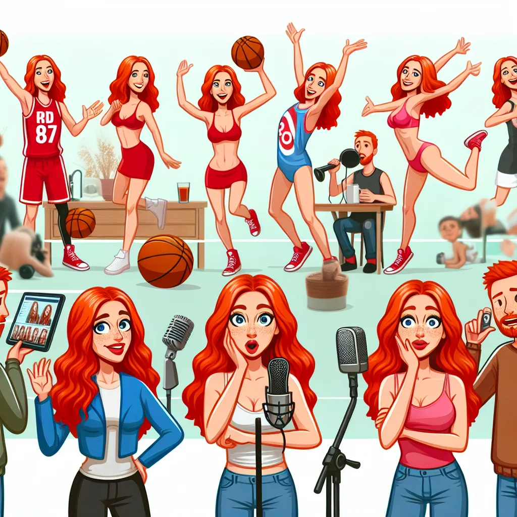 A comical depiction of a world filled with replicas of a woman named Becky. The image shows a multitude of redheaded women, all identical to Becky, engaging in various activities such as playing basketball, twerking in a music video, and hosting a podcast. Amidst the chaos, the original Becky and her partner stand together, amused by the hilarity of the situation.