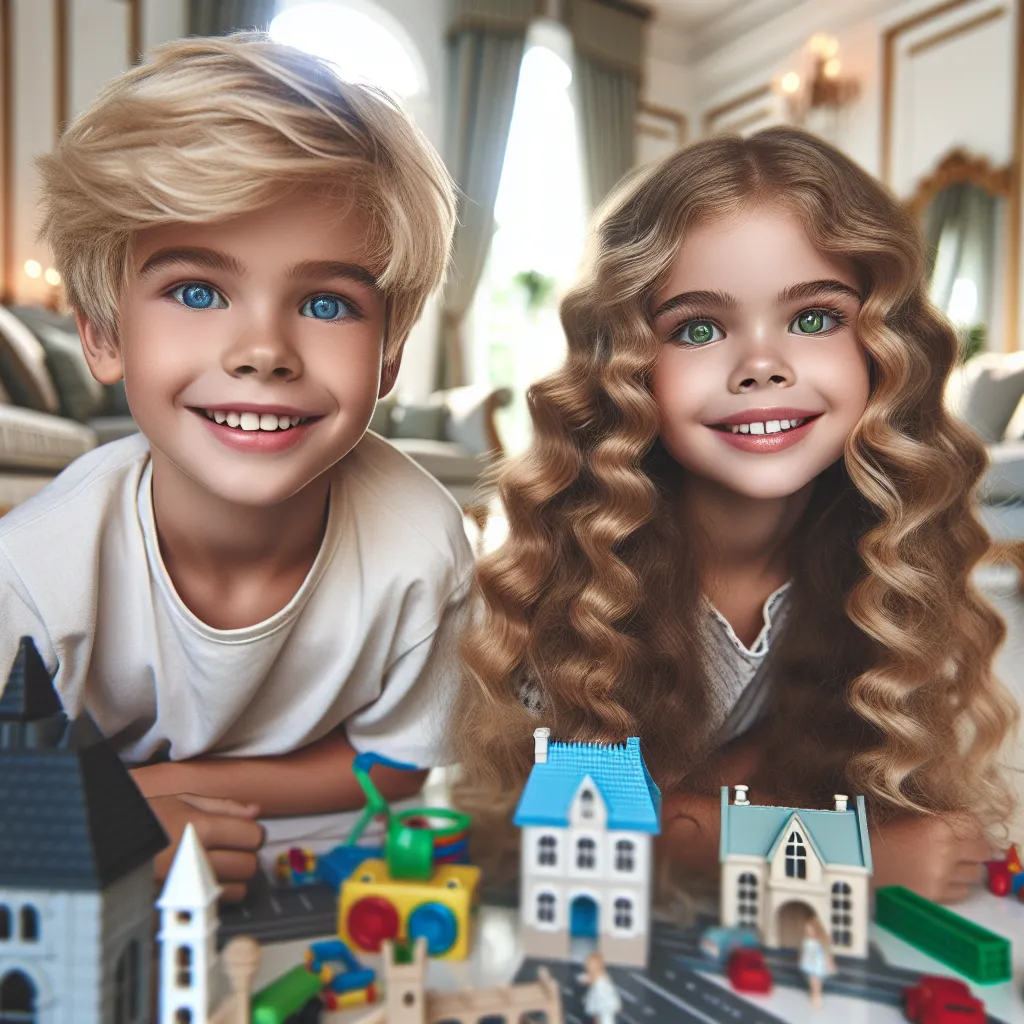 For the accompanying image, a depiction of Charlie Thompson, a blond-haired, blue-eyed boy, and his friend Lily Monroe, a curly-haired girl with green eyes, playing together in a large and beautiful house, surrounded by toys, games, and laughter.