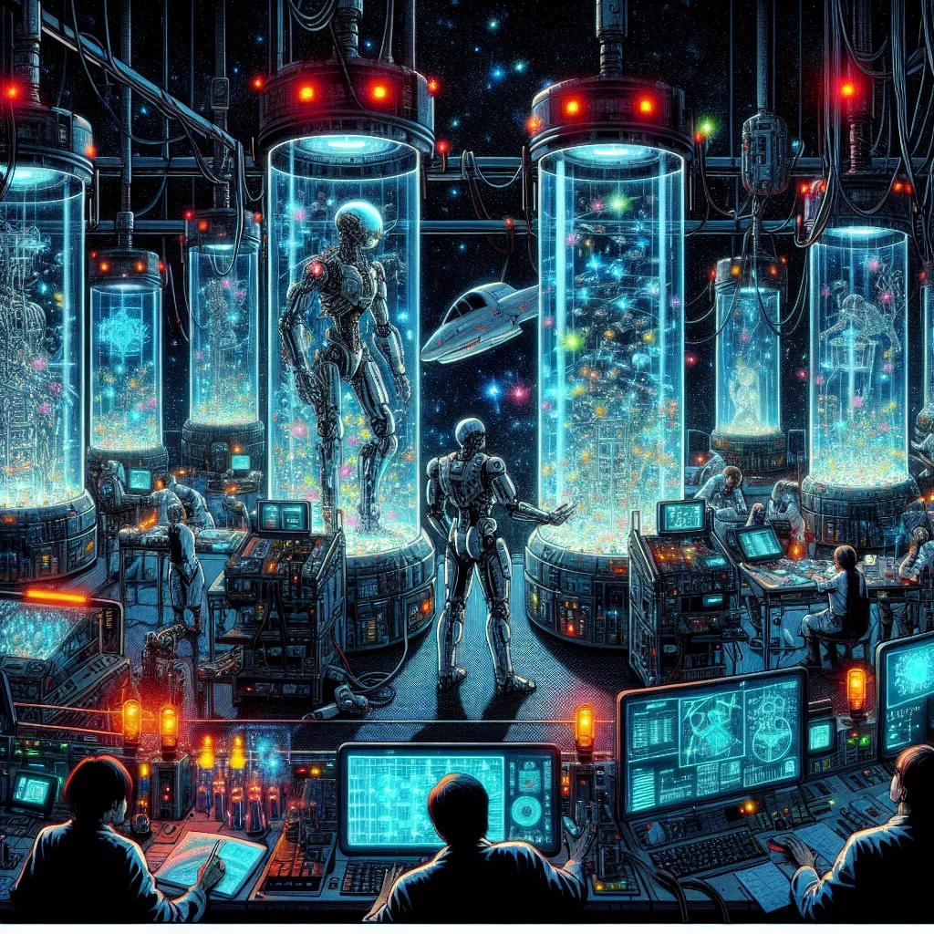 An image representing the story might include a futuristic laboratory with transparent containment chambers filled with luminescent fluid and nanites. In the center, Dr. Alan Redford stands in front of his workstation, surrounded by holographic interfaces and cybernetic controls. In the background, chamber seven shatters, releasing a swarm of nanites that begin to transform Alan into Canis Mecha, a dog-like creature with a metallic sheen. The image also features the chaos of alarms, crimson ligh