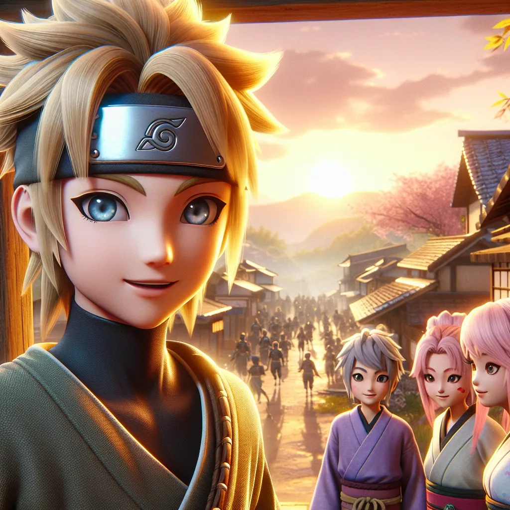 An image of Naruto standing at the threshold of the hot springs, his appearance transforming into that of a woman, while Sakura and Ino look on in playful amusement. The setting sun casting a warm glow over the bustling village of Konoha in the background.