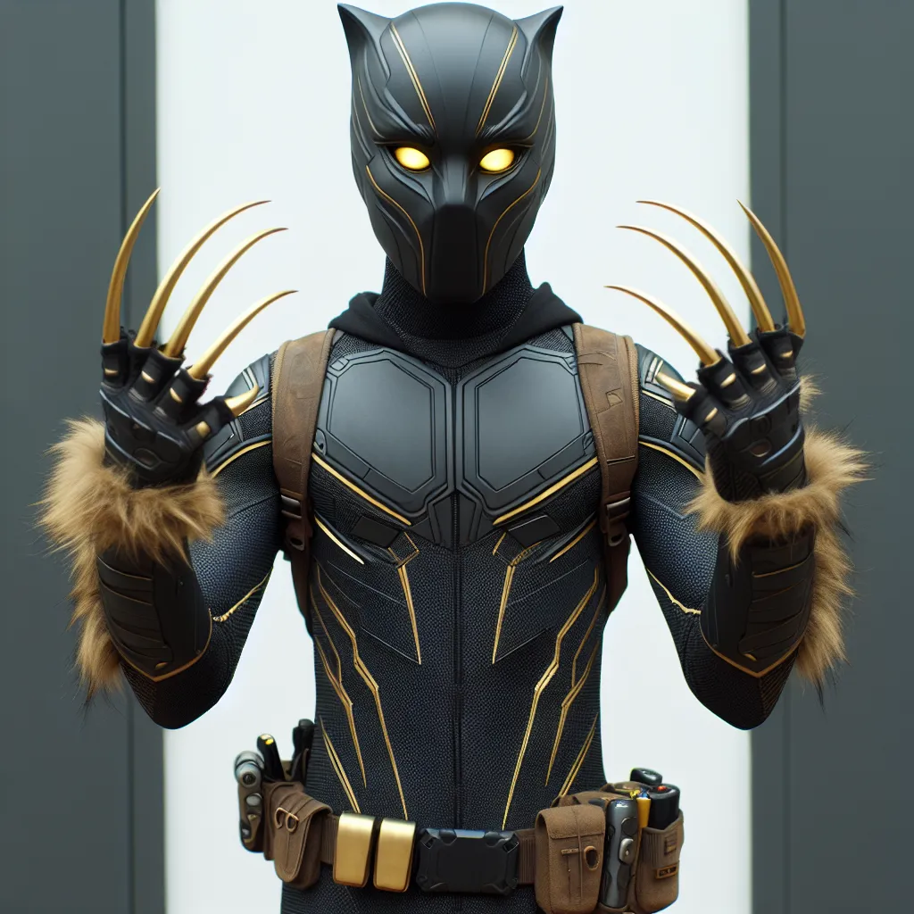A teenage vigilante named Puma with enhanced abilities and a sleek nanofiber suit protects his city from crime and corruption. The suit is matte black with golden fur-like designs and a mask that covers his face, revealing only his golden eyes. Puma's suit has retractable claws, enhanced vision, and audio receivers. He wears a utility belt with various gadgets, ready to fight for justice.