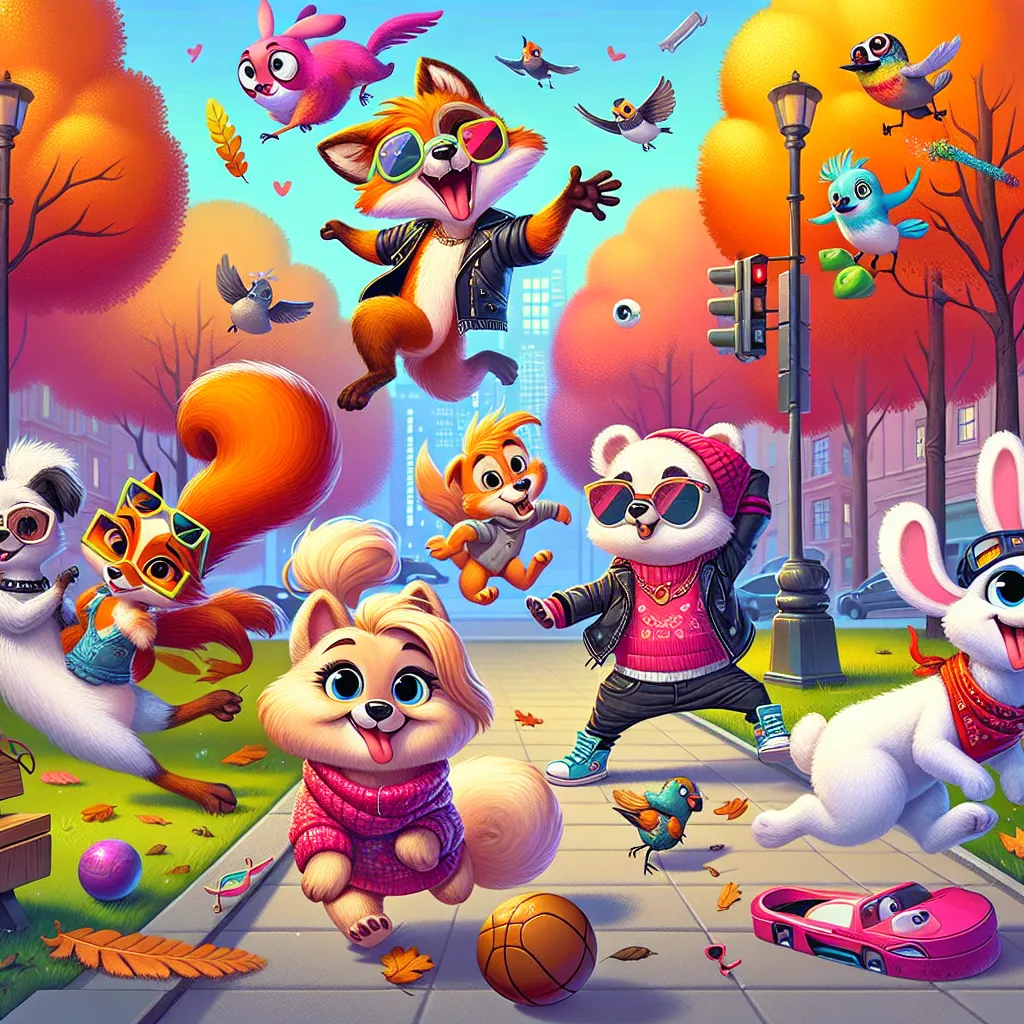 An illustrated scene from the story "Littlest Pet Shop: A World of Our Own" featuring Trip Hamston using a hypnosis pendant to prank his friends, including Jade Catkin thinking she's a dog, Roxie frozen in place whenever she hears "fetch," Bev and Edie swapping bodies, and Quincy turning into an adventure-loving daredevil. The pets unite to trick Trip back with a revenge hypnosis, leading to hilarious chaos and heartfelt moments as they learn valuable lessons about friendship and pranking.