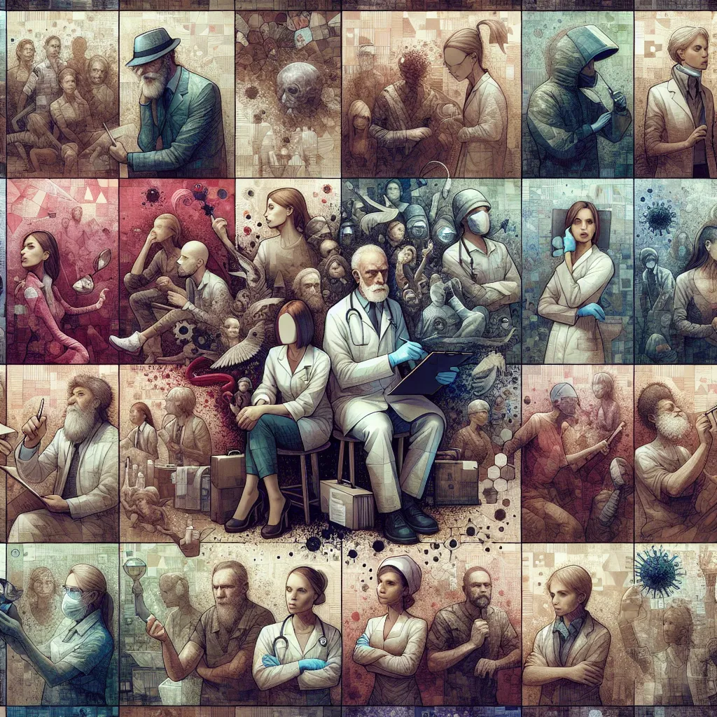 A collage of transformed individuals representing the diverse range of characters mentioned in the story. Each person is dressed in unique clothing, showcasing their individual style. The image captures the confusion and chaos caused by the virus, as well as the determination of scientists and efforts to find a cure.