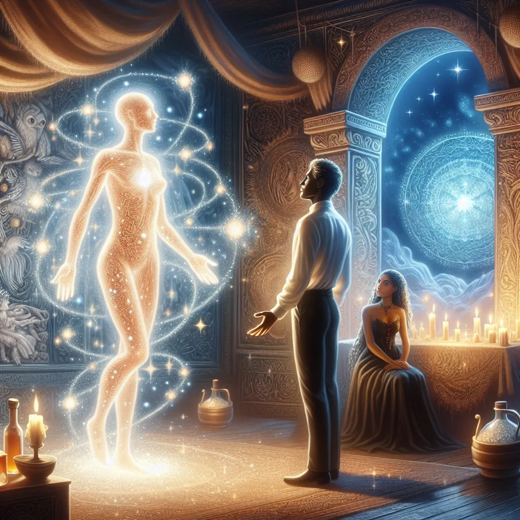 An image depicting Fabian and Elowen in the enchanted cottage, surrounded by shimmering potions, intricate tapestries, and the soft glow of magical light. Fabian, transformed into Elowen's body, stands in awe while Elowen, in Fabian's body, looks on with a knowing smile.