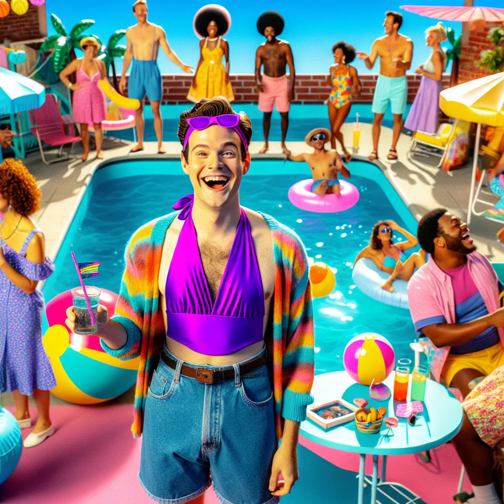 This image will show a young man in a bright purple halter bikini top and denim cutoffs, embodying the spirit of the humorous and chaotic body swap mishap described in the story. The setting is a colorful and playful 1980s-inspired pool party atmosphere, capturing the light-hearted and comedic tone of the narrative.