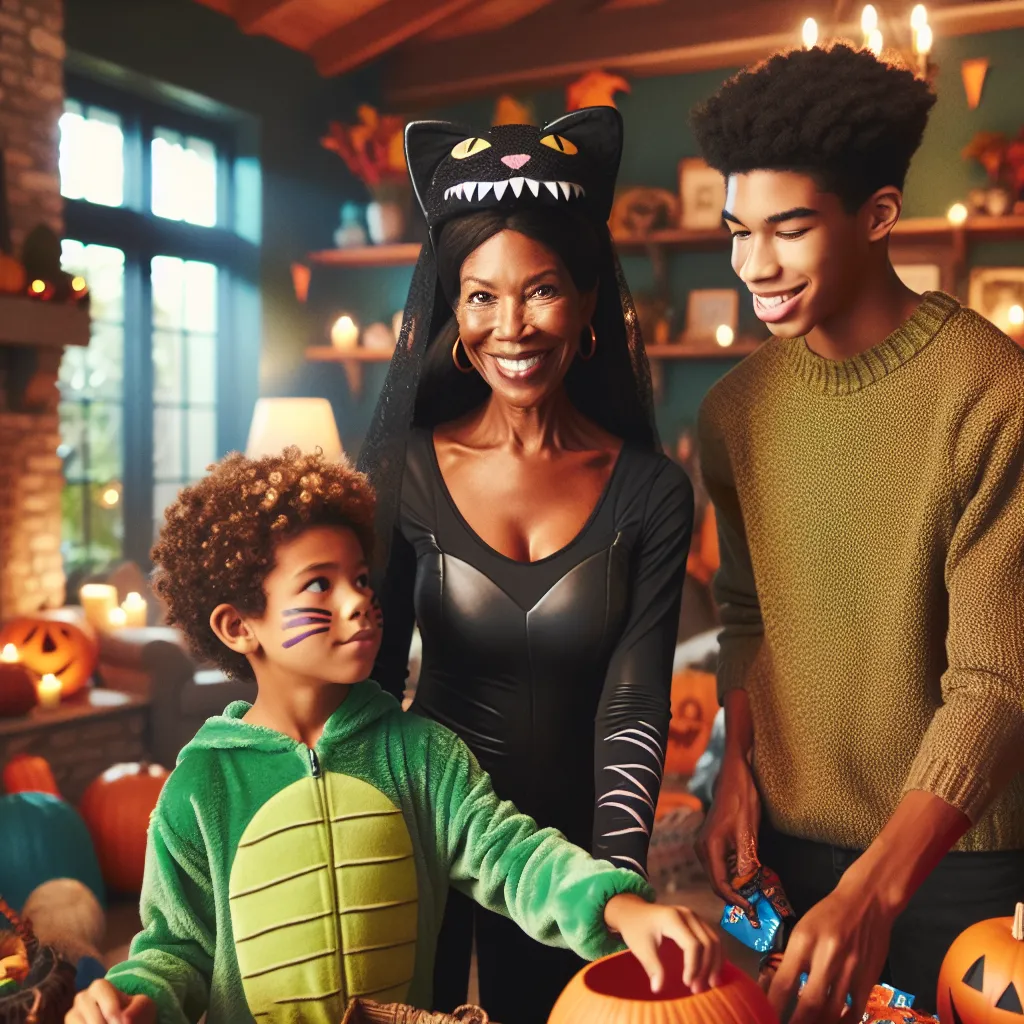 An image of a bright little boy named Ethan, his mother Madison, and his grandma Judith preparing for Halloween in their cozy suburban home, with Ethan dressed in a green dinosaur costume and Madison in a sleek black cat outfit, capturing a moment of excitement and anticipation before a supernatural transformation takes place.