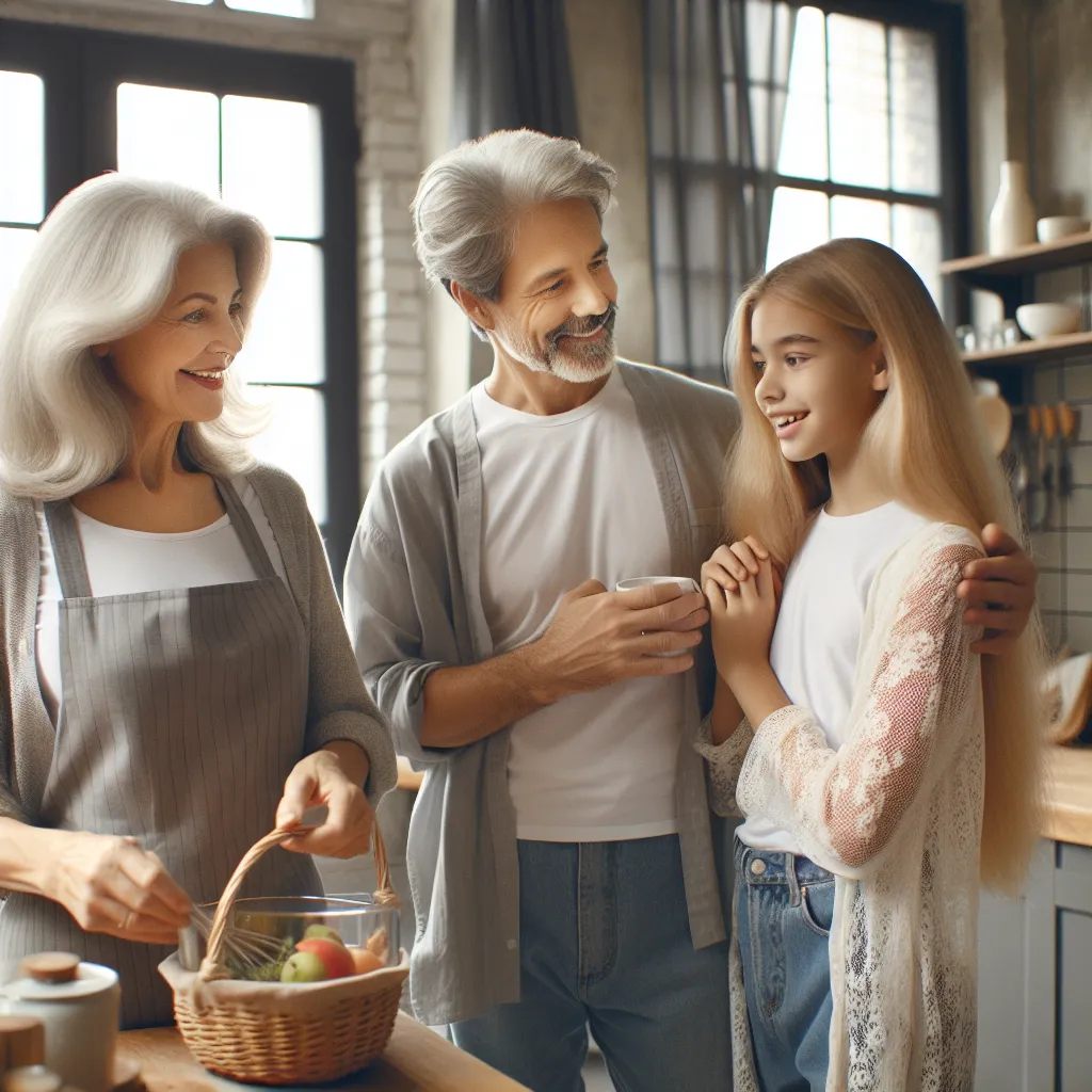 An image showing a loving family, consisting of Margaret, Timothy, and their daughter Ava, standing together in their cozy kitchen. Margaret, now transformed from Liam with silver hair cascading down her back and a calm matronly essence, is preparing breakfast while Timothy and Ava engage in animated conversation. The room is filled with warmth and happiness, as they cherish every moment of their beautiful life together.