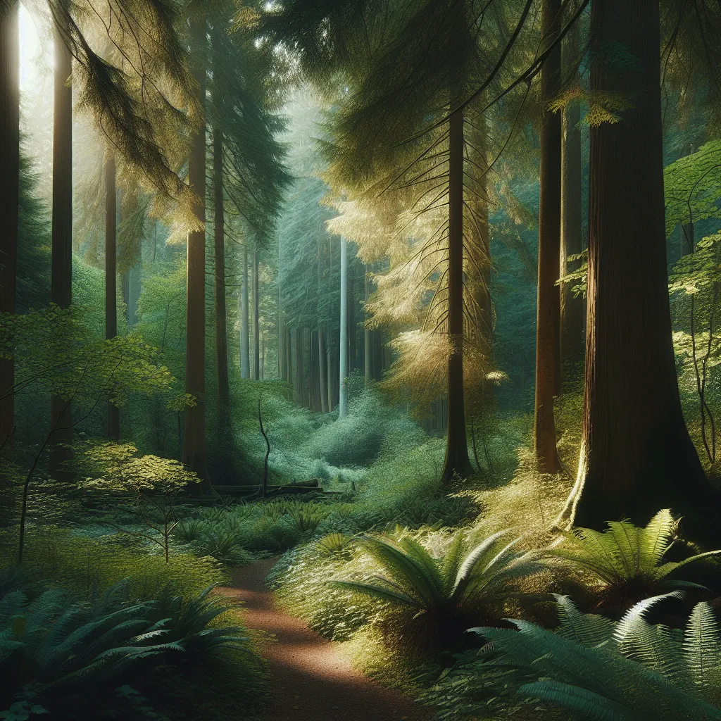 A serene forest landscape with tall evergreen trees standing among lush foliage, casting a dappled light on a peaceful trail.