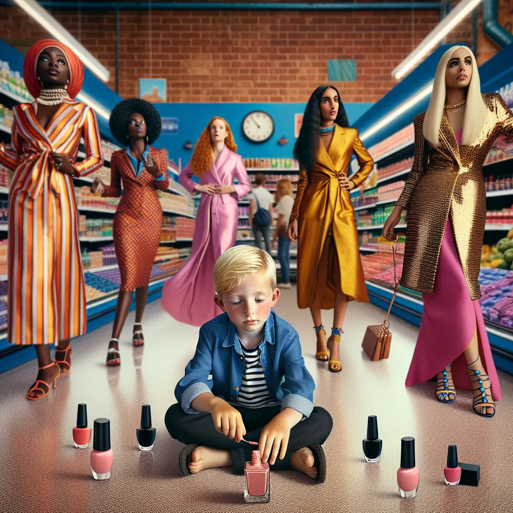 The image should depict a young boy, Ethan, with bright blue eyes and sandy blonde hair, crouched on the floor of a grocery store, holding a rose-gold bottle of nail polish in a glamorous adult woman's body. Surrounding him are five stylish British ladies, dressed in bold, elegant outfits, with fashionable accessories and high heels. The setting should capture the bustling atmosphere of the grocery store, with colorful products on display and people moving around. Ethan's expression should conve
