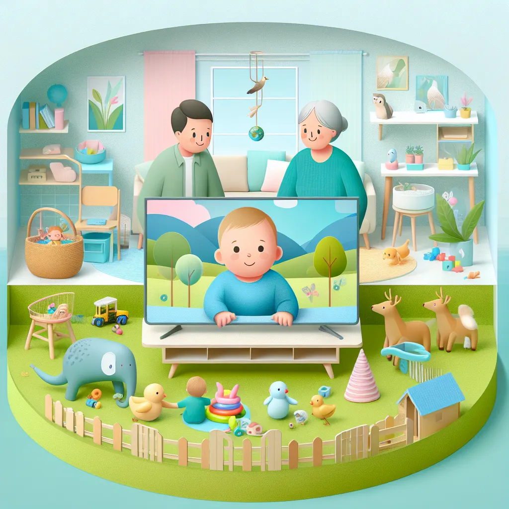 A visual representation of a young baby boy named Owen James Bradley and his family, including his mother Karina Bradley and grandmother Lindsey Arnett, in a suburban setting with toys scattered on the lawn, gathered inside a cool living room, featuring pastel decorations and a nature documentary on TV.
