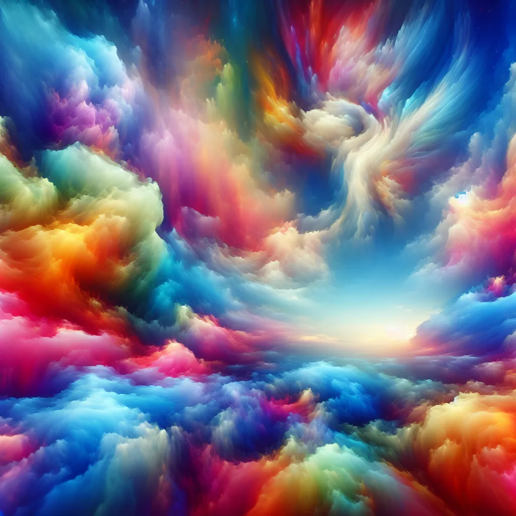 A mesmerizing multi-colored sky fills the frame, featuring vibrant hues blending harmoniously. The clouds form fantastical shapes, evoking the feeling of a dreamscape. The image is filled with wonder and ethereal beauty.