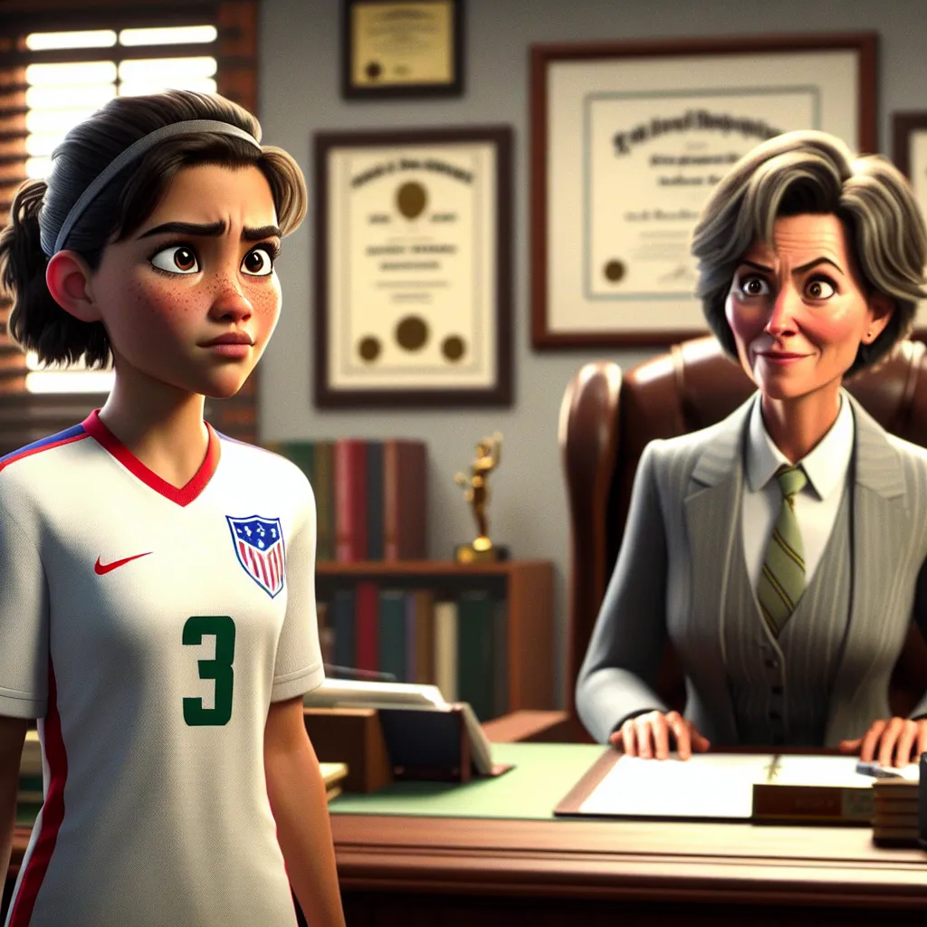 The image accompanying the story depicts Zoey, a determined soccer player, standing in the office of the strict school principal, Mrs. Robles. Zoey is wearing her soccer uniform with a confident smile, but her expression changes to one of surprise and concern as she sees the seriousness in Mrs. Robles's eyes. The image captures the tension between the two characters and conveys the theme of discipline and responsibility.