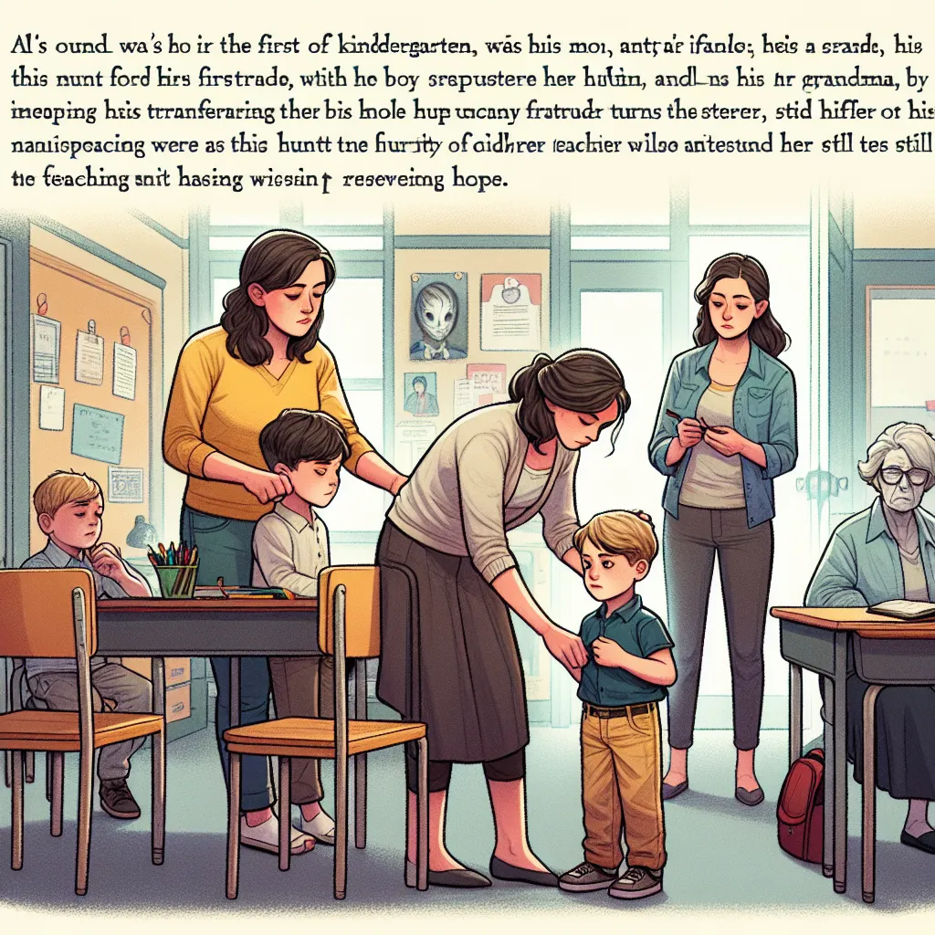 A young boy named Tommy Anderson prepares for his first day of kindergarten, accompanied by his mom, his aunt, and his grandma. Tommy goes through a mysterious transformation, becoming his teacher, Mrs. Henderson. As the search for Tommy proves fruitless, Mrs. Henderson grapples with her evolving identity while continuing to teach and hold onto hope. The image should depict a classroom scene with a young boy and a teacher, capturing both the innocence of childhood and the mystery surrounding Tom