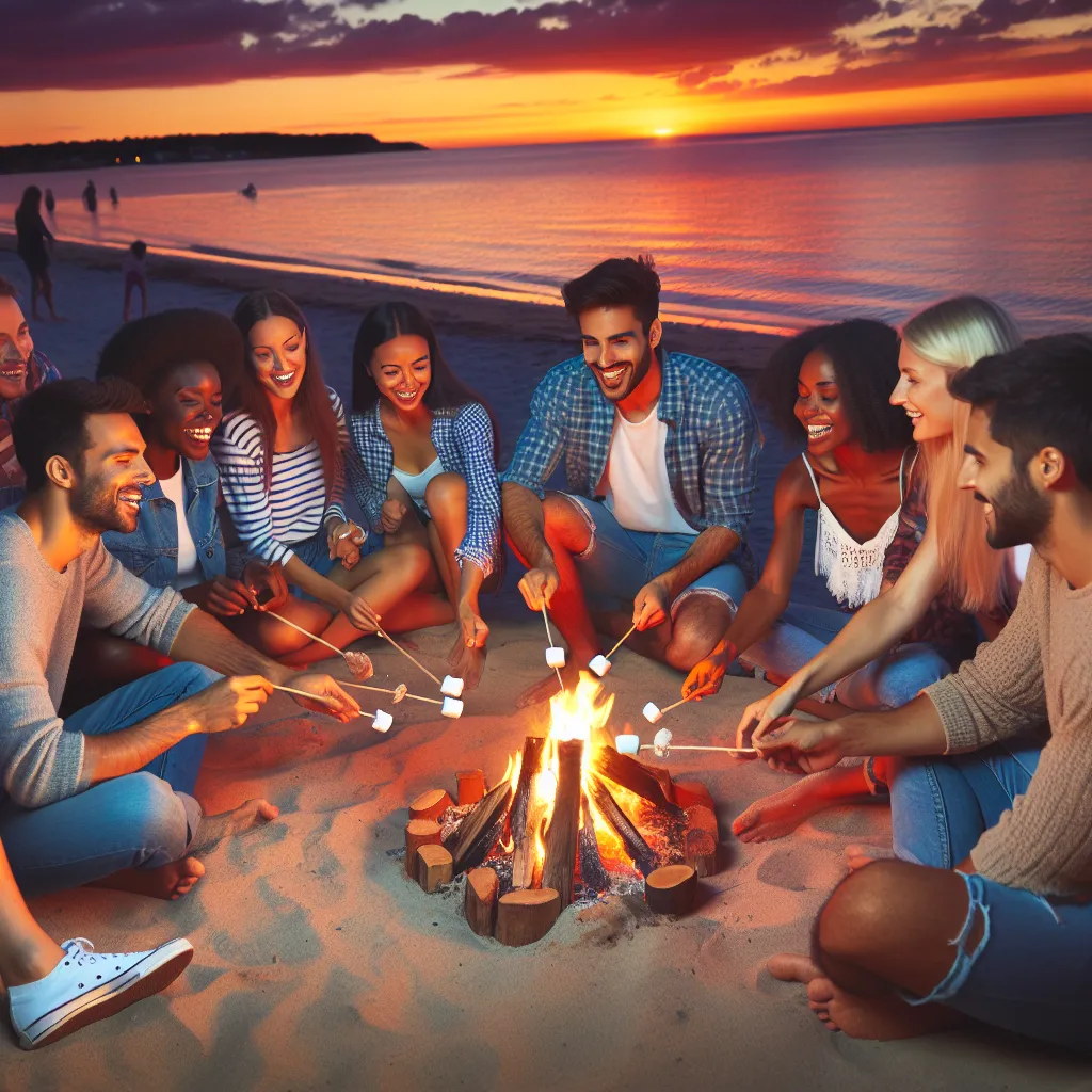 A group of friends gathered around a bonfire at a beach, roasting marshmallows and enjoying a beautiful sunset.