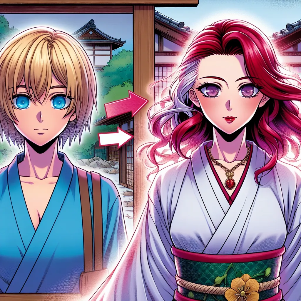 A person with short, blonde hair and azure eyes undergoes a transformation, their appearance changing to that of a woman with long, red hair and violet eyes. They struggle with the changes, but eventually accept their new identity as they navigate life in Konoha Village.