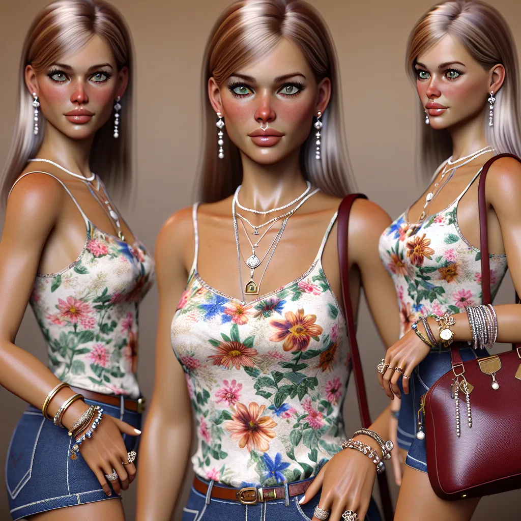 A generated image could depict a woman in her mid-60s with tan skin, wearing a flower-patterned tank top and blue shorts. She has long, straight blonde hair pulled back into a bun and green eyes. She is wearing a gold wedding ring, a silver bracelet, pearl earrings, a gold locket, a silver watch, an anklet with bells, and a diamond-studded hairpin. She carries a large, red leather handbag and is looking at herself in a mirror.