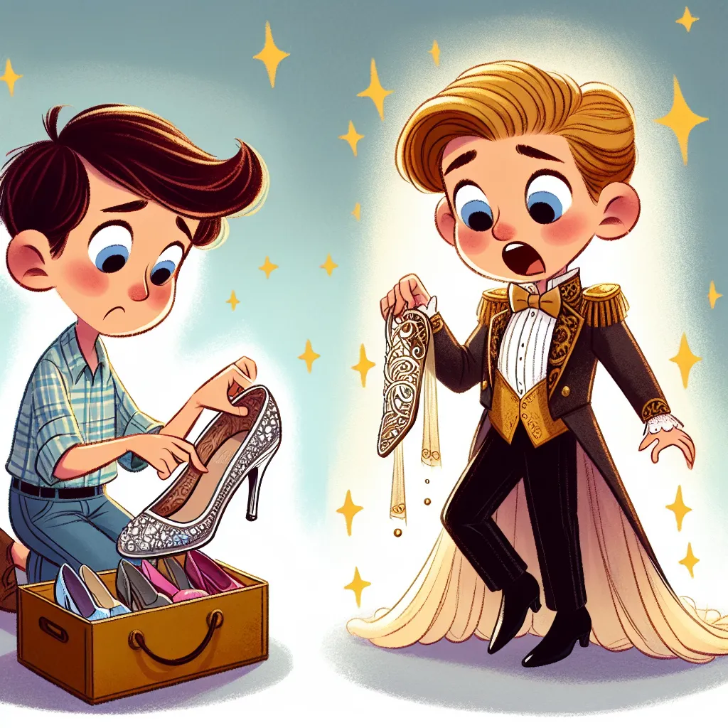 A young boy named Ethan accidentally transforms into the glamorous Ruby Fern Whitehall after trying on a woman's stilettos. The image should capture Ethan's bewildered expression as he changes into Ruby, displaying her striking appearance and outfit while he struggles to comprehend the change.