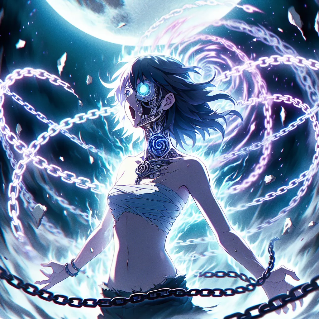 Description: A digital illustration depicting Naruto Uzumaki undergoing a horrifying transformation, with his physical features shifting into that of a female, resulting in the emergence of a new character named Naruko Uzumaki. The image showcases the anguish and confusion Naruko experiences as she navigates her new identity as a kunoichi, with chakra chains swirling around her. The atmosphere is eerie and foreboding, with the moon illuminating the unsettling scene.