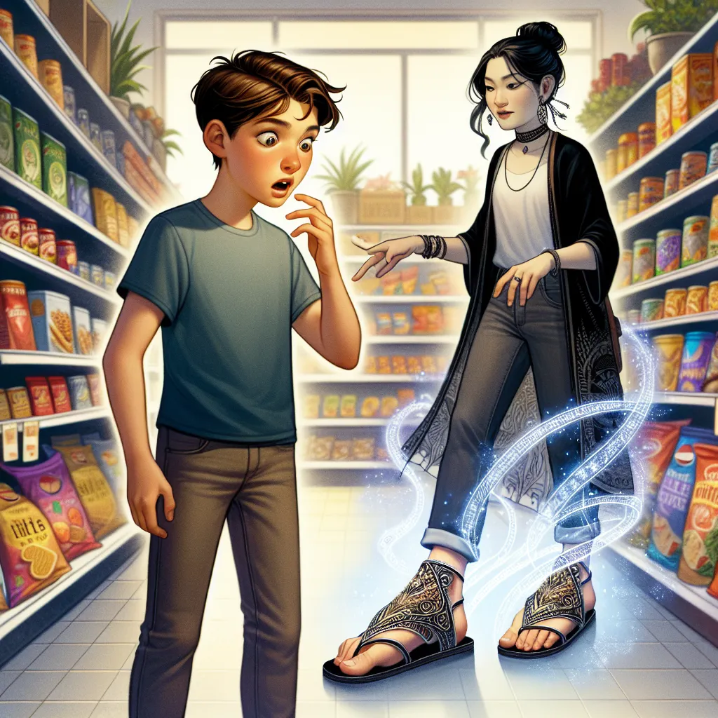 An image depicting a young boy named Oliver standing in a corner store aisle, looking shocked and mystified as his feet transform after trying on a pair of magical sandals belonging to a stylish woman named Aiko.